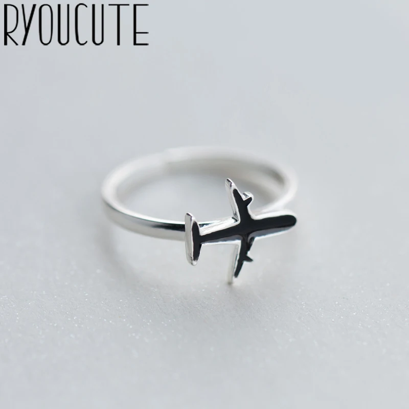 

RYOUCUTE 100% Real 925 Sterling Silver Jewelry Fashion Big Black Airplane Rings for Women Bijoux Statement Antique Ring Anillos