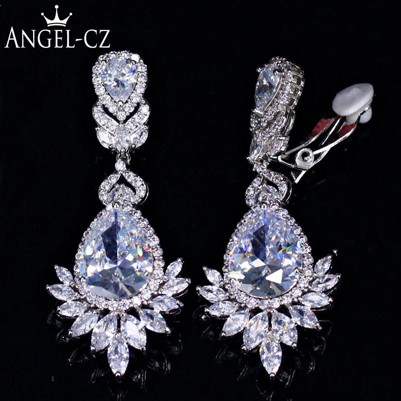 

ANGELCZ Gorgeous Bridal Accessories Big Teardrop Dangle CZ Non Pierced Hole Clip On Earrings Jewelry With Marquise Crystal AE213