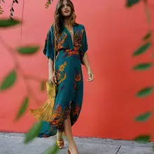 Женское богемное длинное платье макси с цветочным рисунком и глубоким v-образным вырезом, женское платье с высокой талией и рукавом средней длины, женское пляжное платье