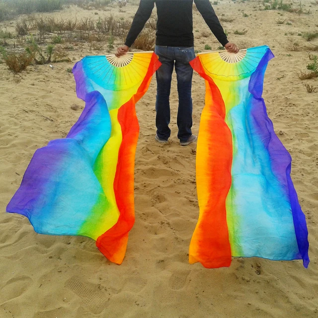 Unisex 100% Real/Imitation Silk Belly Dance Fans Hand Belly Dancing Fans Handmade Hand Dyed Silk Chinese Dance Veil Fan 180x90cm as picture-18