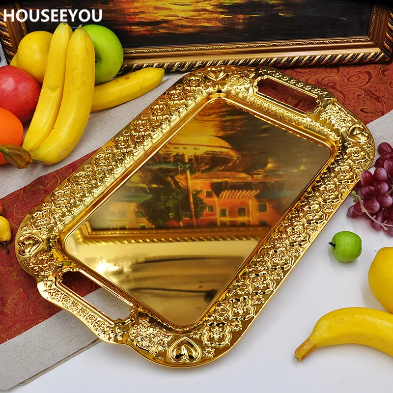 Large Size Metal Serving Tray Storage Tray Gold Fruit Plate Wedding Decoration Kitchen Storage Tools Home Supplies