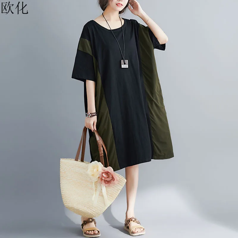 

Women Knitting Dress Summer Plus Size Striped Splice T Shirt Dress Ladies Short Sleeve Big Size Cotton Midi Dresses 5XL 2019 New