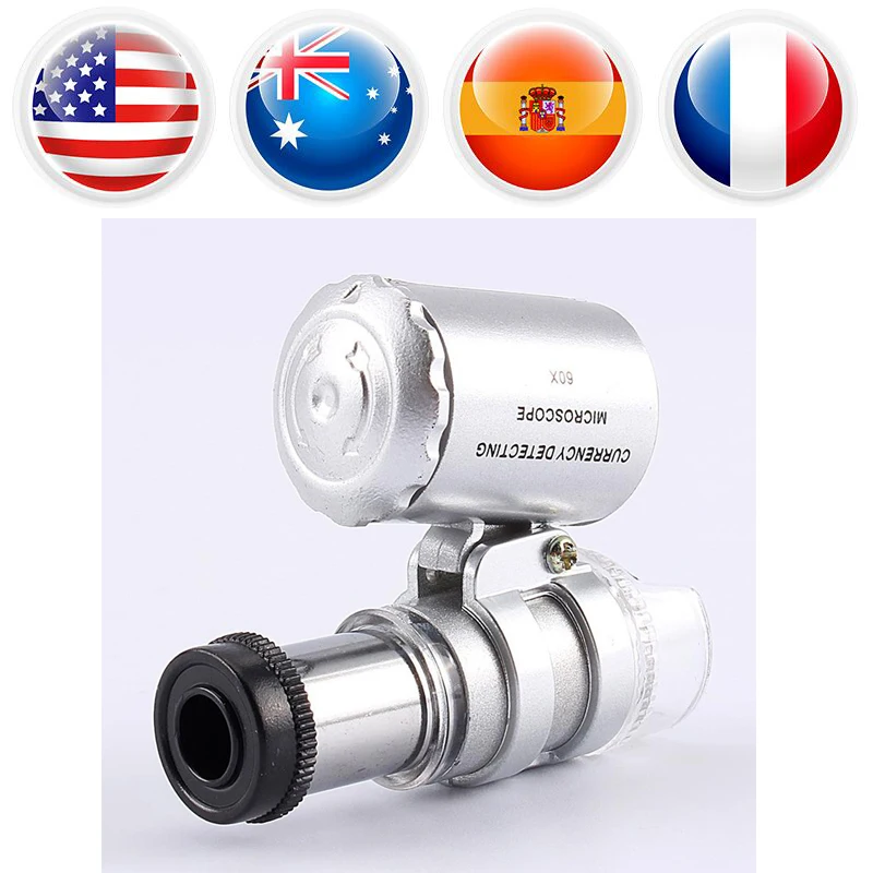

Magnifier Mini Microscope 60X Pocket Handheld Loupe Jeweler Magnifier Currency Dectector LED Light Ferramentas Microscope