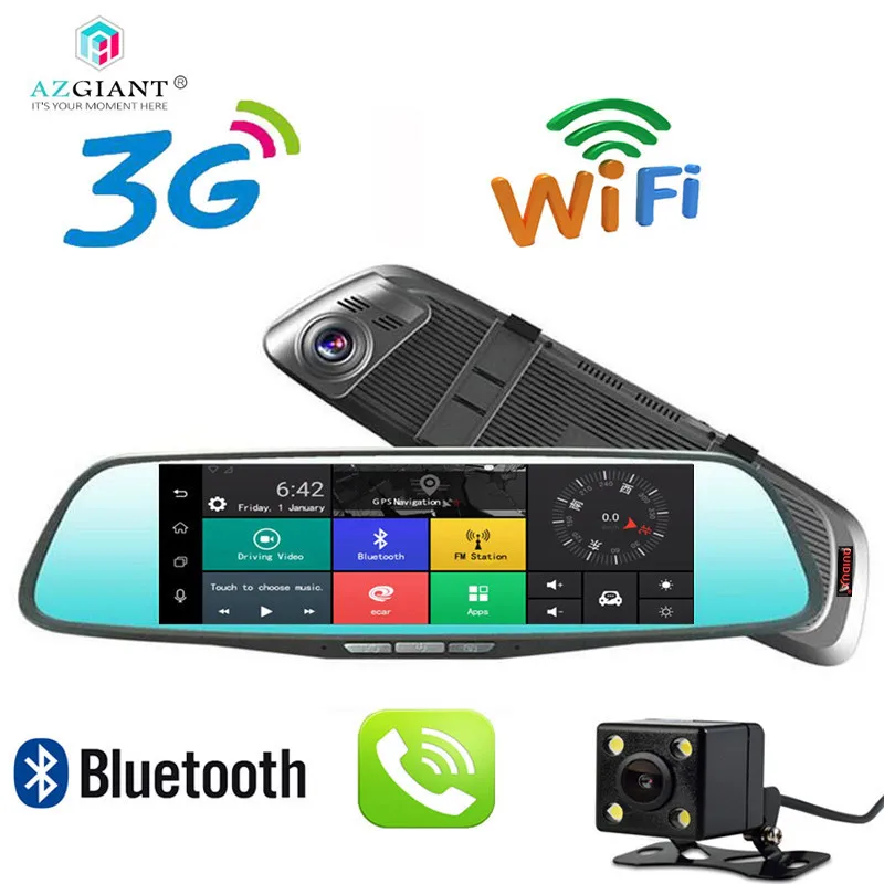 AZGIANT Car DVR Camera 7\ Full Touch Screen 3G Android GPS Navigators FHD 1080P Dashcam Rearview Mirror Wifi Media Double Lens