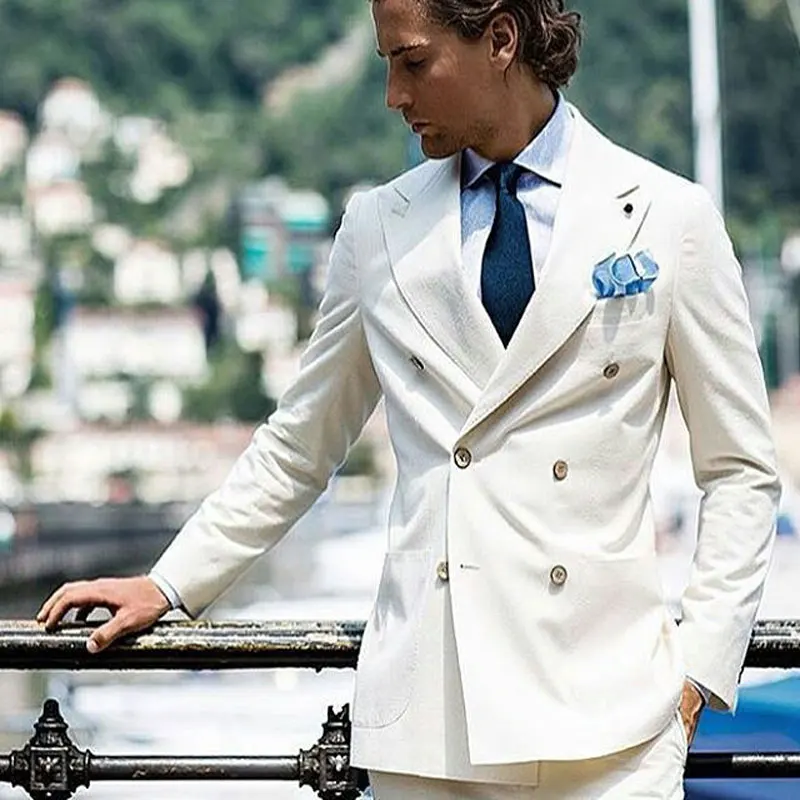 

Ivory Men Suits Pants Double Breasted Groom Wedding Tuxedos Red Man Blazers Blue Costume Homme Slim Fit Terno Masculino 2 Piece