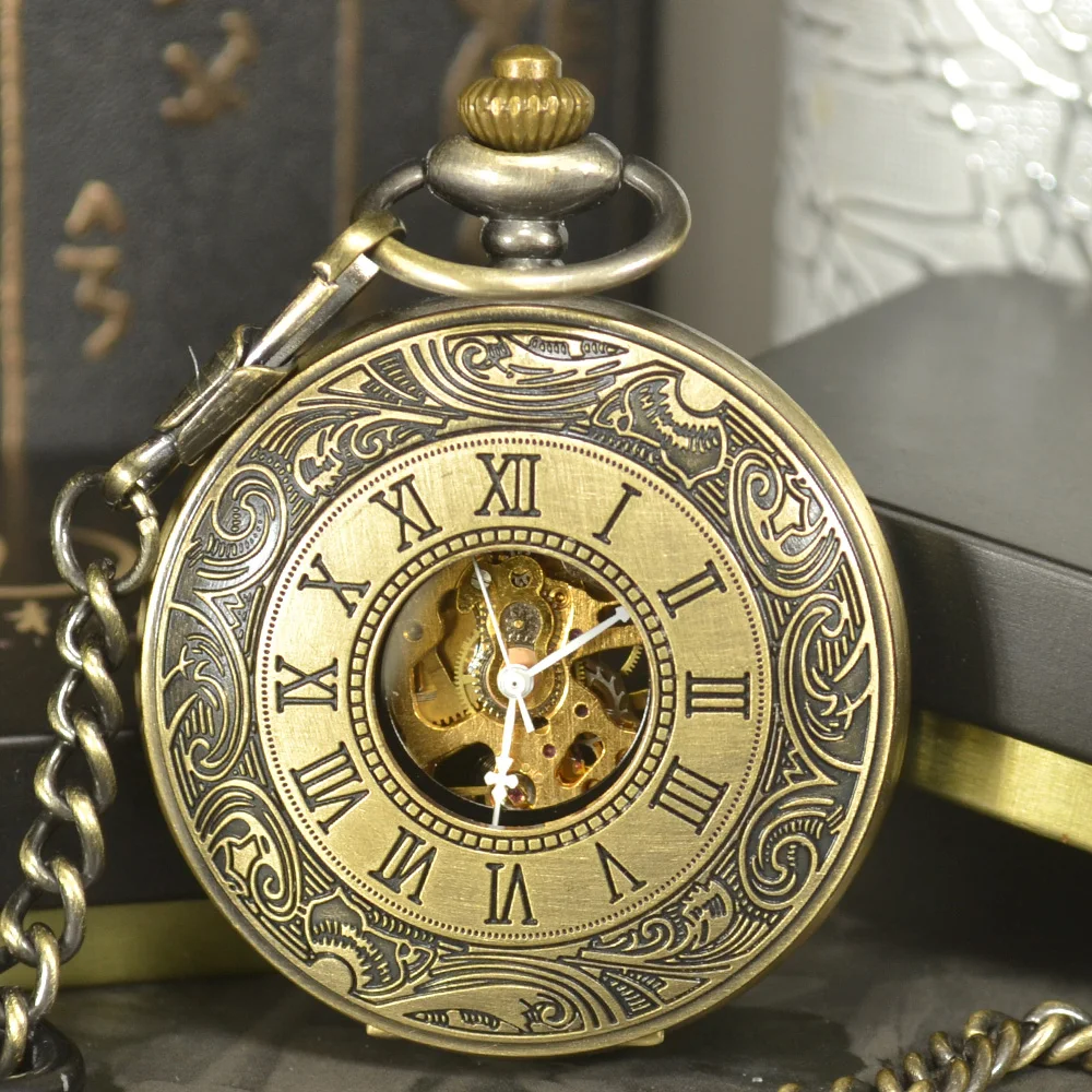 Luxury Skeleton Bronze Retro Men Antique Skeleton Mechanical Pocket