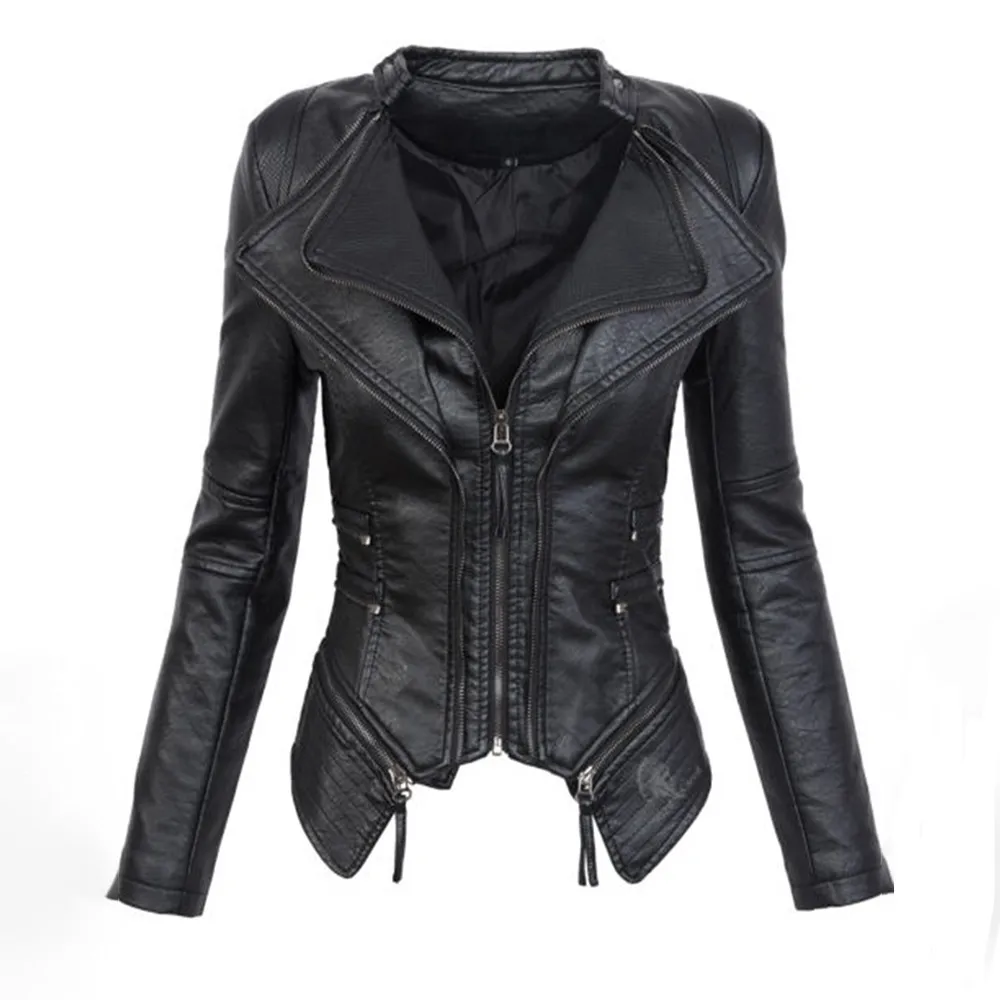 

PU Leather Top Jacket Woman Long Sleeve Slim Zipper Gothic 2018 Autumn Winter Fashion Lady