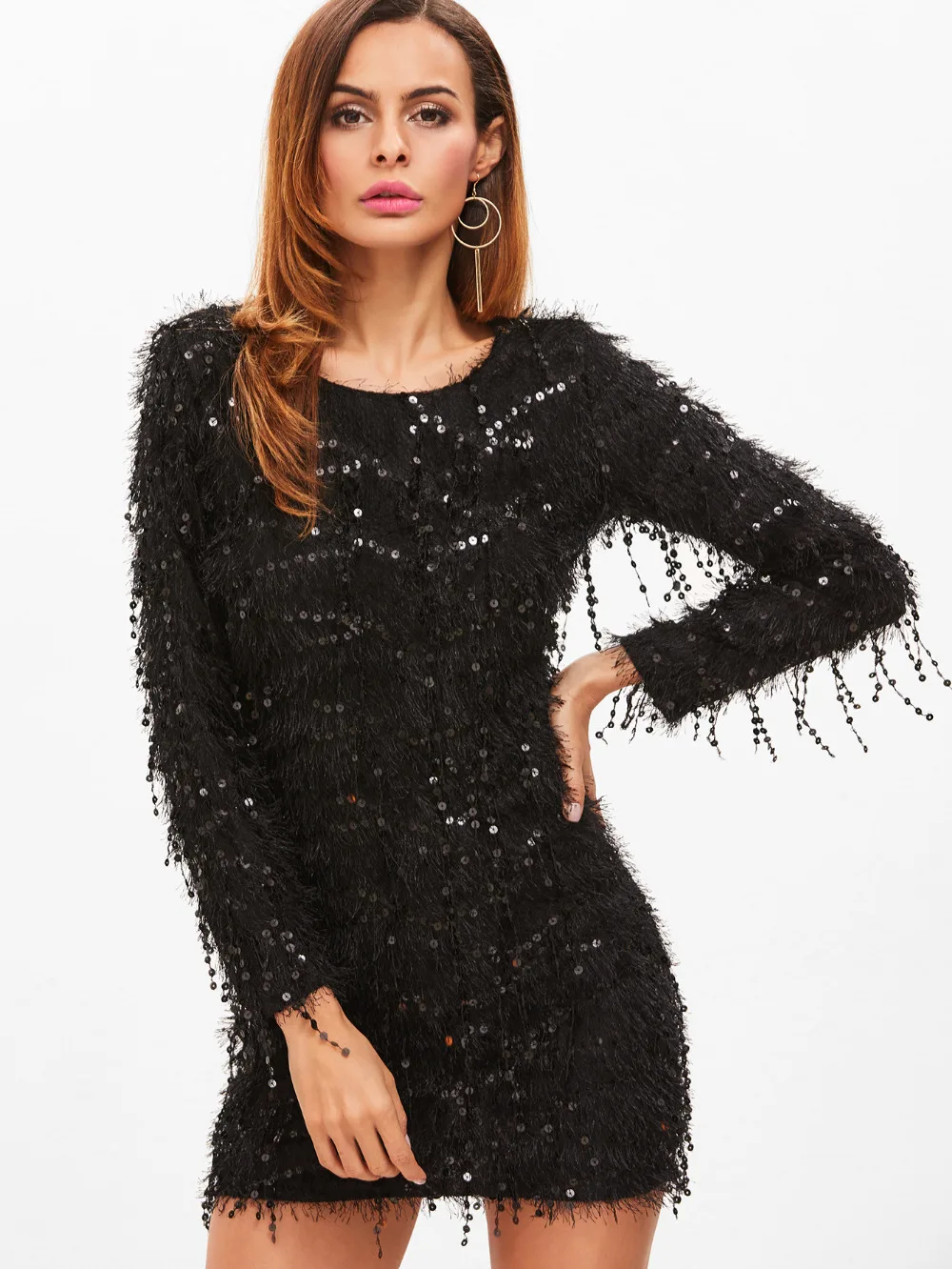 Woman Black Dress Winter Autumn Long Sleeves O Neck Glitter Sequin Knitdress Cherrykeke Dresses