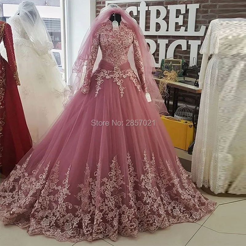 Aliexpress.com Acheter Robe De Mariée 2017 Rose Turc Islamique Robes De Mariée Avec Voile Musulman À Manches Longues En Dentelle Applique Robe De Mariée