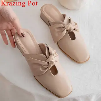 

Krazing Pot genuine leather low heels slip on mules fairy square toe women pumps butterfly-knot decoration dating shoes L46