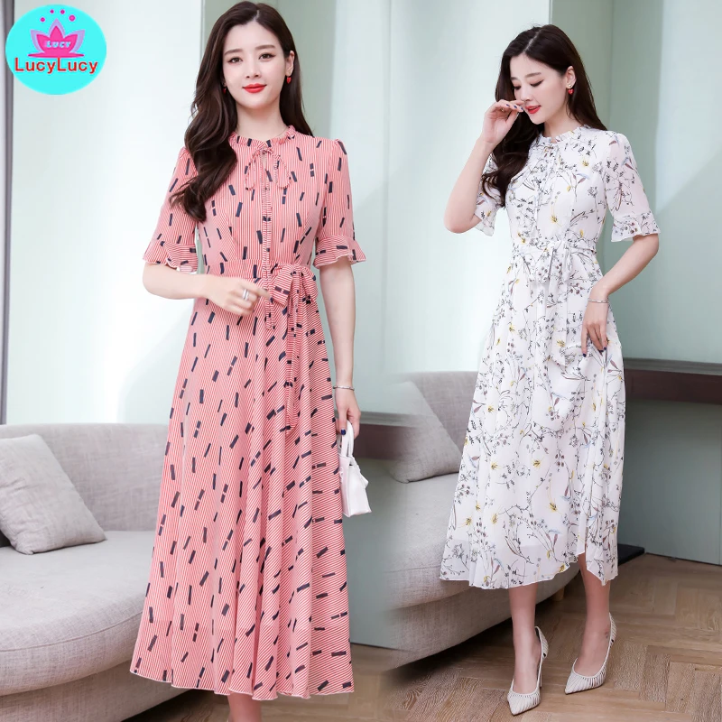 

2019 new floral chiffon lotus leaf sleeves temperament slim long holiday beach dress Zippers Ankle-Length Print Office Lady