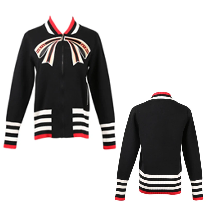 

Ladies Vintage Black White Color Tie Bow Knitted Coat High Street Zipper Jacket Women Casual Slim Pocket Outerwear Coat Runway