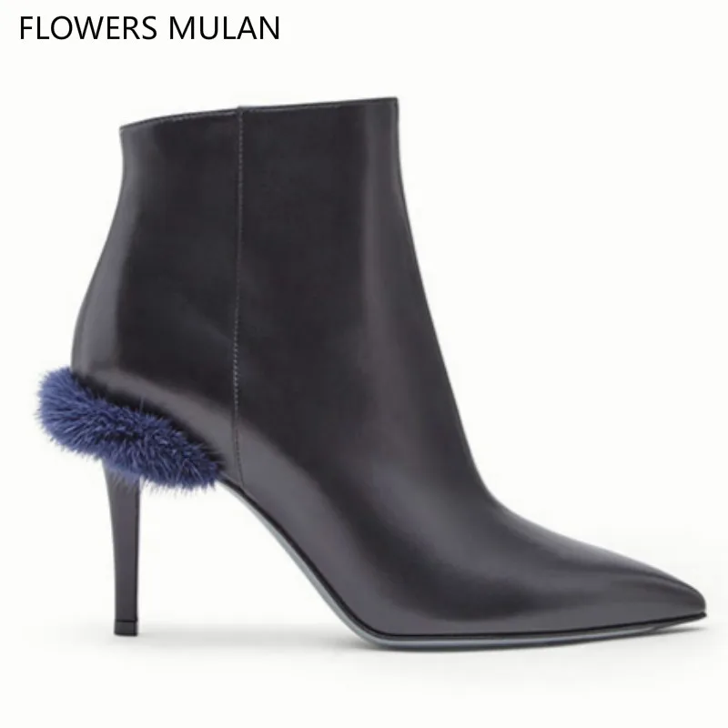 

2018 New Winter Famous Brand Women Ankle Boots Black Real Leather Pointed Toe Back Blue Fur Side Zip Fashion Show Botas Shoes
