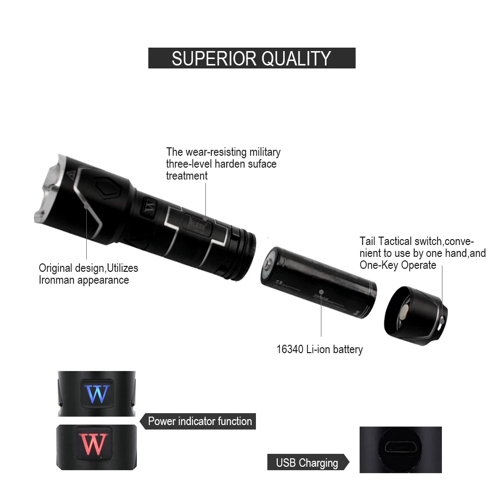Super Bright LED flashlight Rechargeable USB Cree XPL 520 Lumens LED 18650 Torch Indicator Light + Battery  (WUBEN I333)