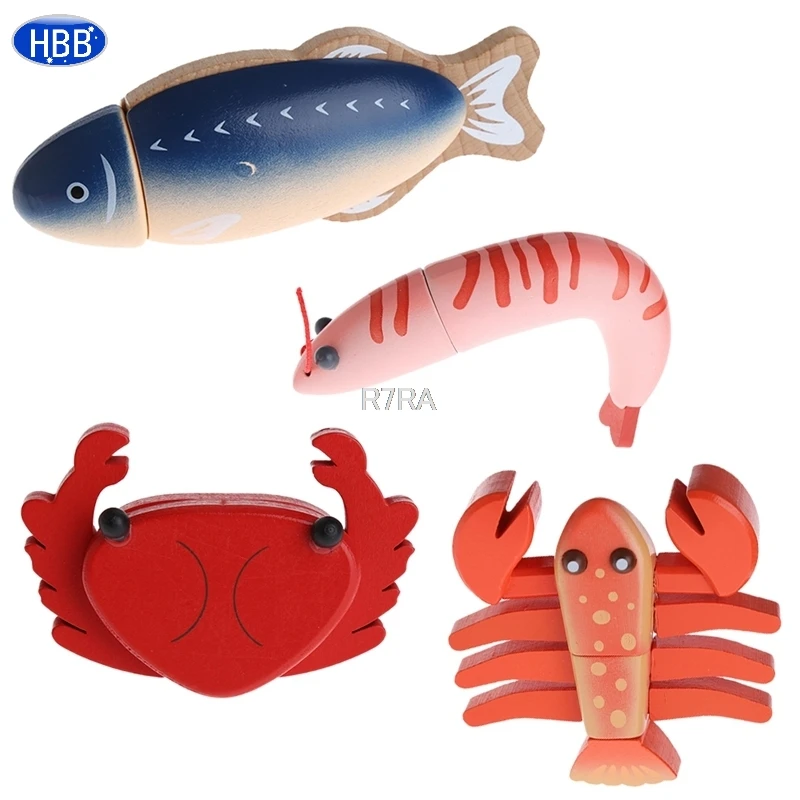 

Wooden Cutting Sea Food Chopping Pretend Play Educational Toy Gift For Kid Baby-TwFi