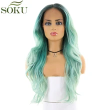 SOKU синтетические парики на кружеве для черных женщин темно-корень зеленый цвет свободная часть Волнистые парики без клея термостойкие волокна парики