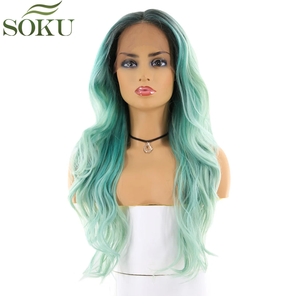 

SOKU Synthetic Lace Front Wigs For Black Women Dark Root Green Color Free Part Wavy Wig Glueless Heat Resistant Fiber Wigs
