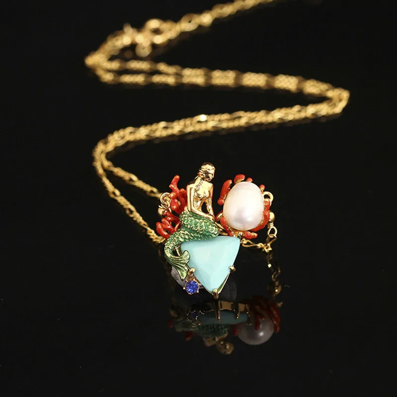 

Juicy Grape hand painted enamel glaze necklace jewelry mermaid pendant natural pearl link chain women long necklace