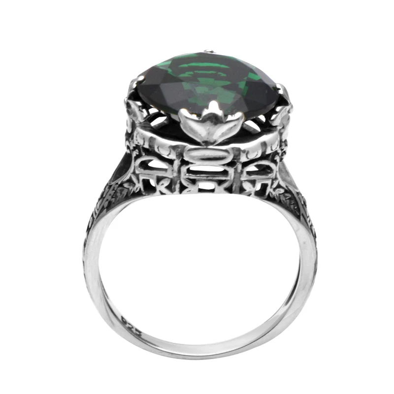 Szjinao Wholesale Processing Costom Victorian Antique Style 925 Sterling Silver Ring Vintage Green Emerald Rings for Women