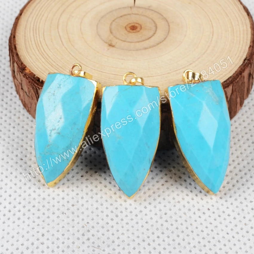 Shield Shape Faceted Blue Howlite Turquoise Gold Plated Necklace Pendant Beads Making Jewelry G0870