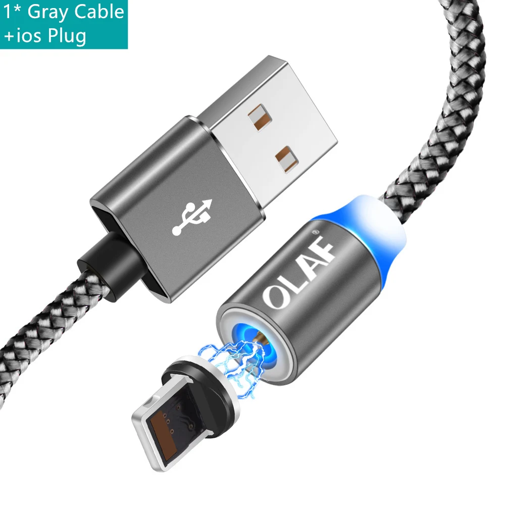Магнитный usb-кабель OLAF 1 м 2 м 8-контактный кабель для быстрой зарядки USB для iPhone 6 7 8 Plus X XR XS XSMax Магнитный светодиодный шнур для зарядного устройства - Цвет: Серый