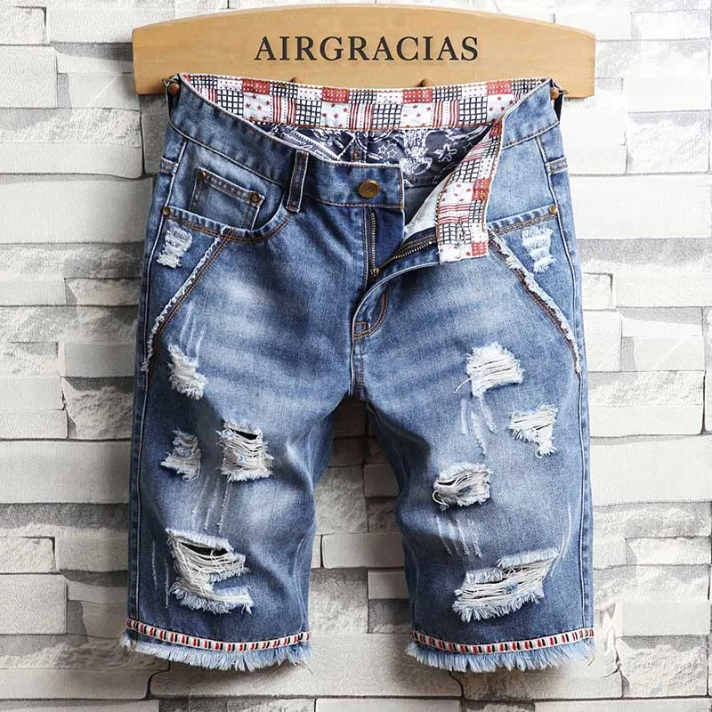 

AIRGRACIAS Mens Shorts Ripped Hole Jeans Brand Clothing Cotton Short Breathable Denim Shorts Men New Fashion Bermuda Homme