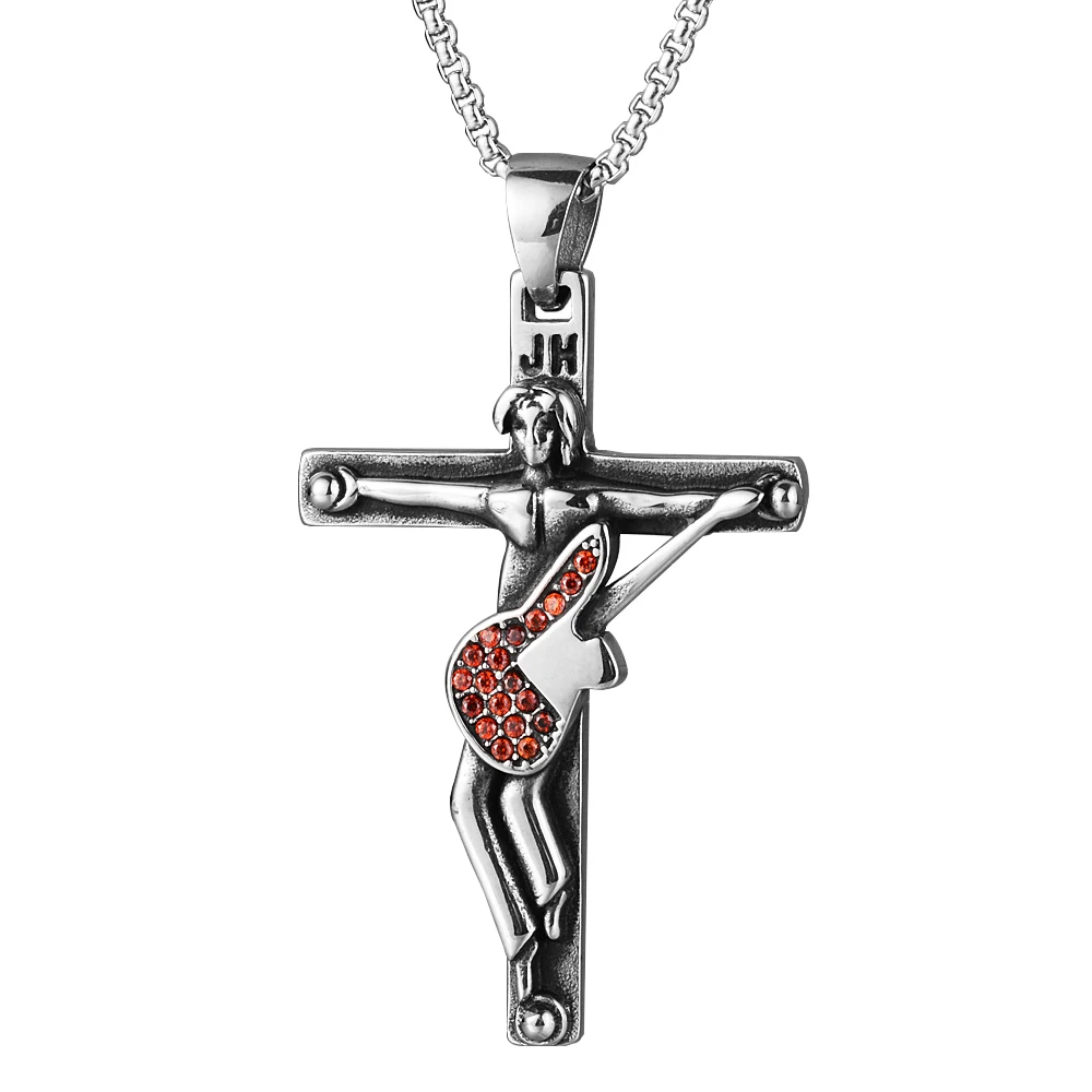Рок-звезда, кулон из нержавеющей стали с гитарным крестом, ожерелье для мужчин с цепочкой 50 см, ожерелье с распятием