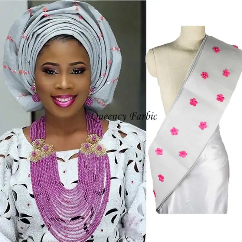 

AS012 New Arrival African Aso-Oke Headtie Solid and Plain 17.2 meters Aso Oke with 3D flowers and beads for Party or Wedding