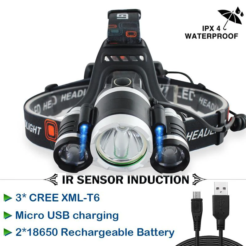 

IR SENSOR Headlamp usb led Rechargeable XML-T6 headlight waterproof Head Torch high power head flashlight lanterna 18650 lamp