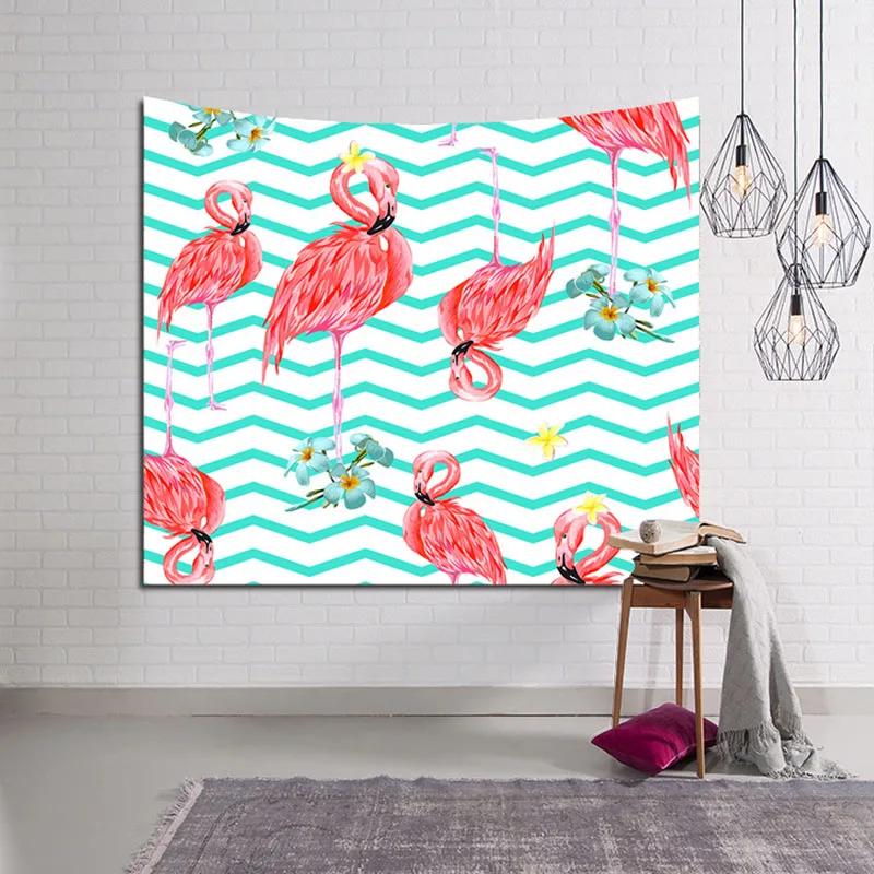 Nordic Flamingo Tropical Animals Tapestry Wall Hanging Monstera Checkered Green Leaves Decor Blanket AnchorPolyester Handmade