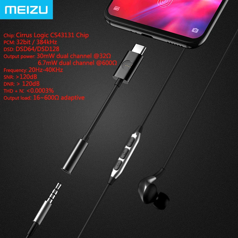 Meizu усилитель для наушников HiFi без потерь DAC type-C до 3,5 мм аудио адаптер Cirrus Logic CS43131 чип 600ou PCM 32bit/384 k DSD 128