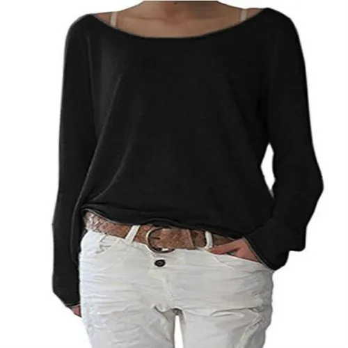 Модная женская Свободная футболка большого размера с длинным рукавом, мешковатые топы плюс, повседневная Однотонная футболка