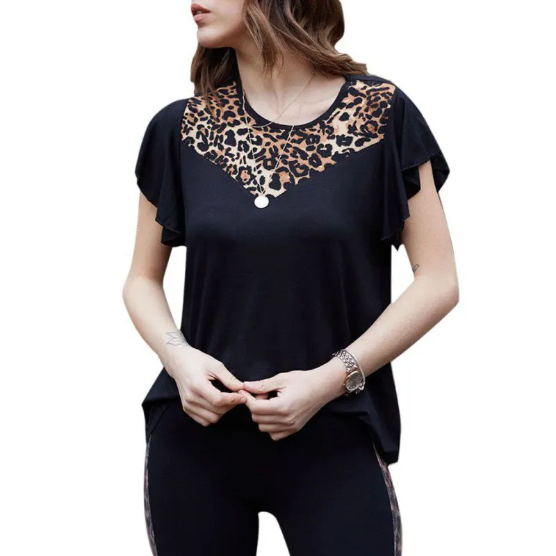 

2019 Women Summer Shirt camisas Short Loose mujer O-Neck Tee Ruffle T Leopard Patchwork Solid Tops Women T-shirt Sleeved