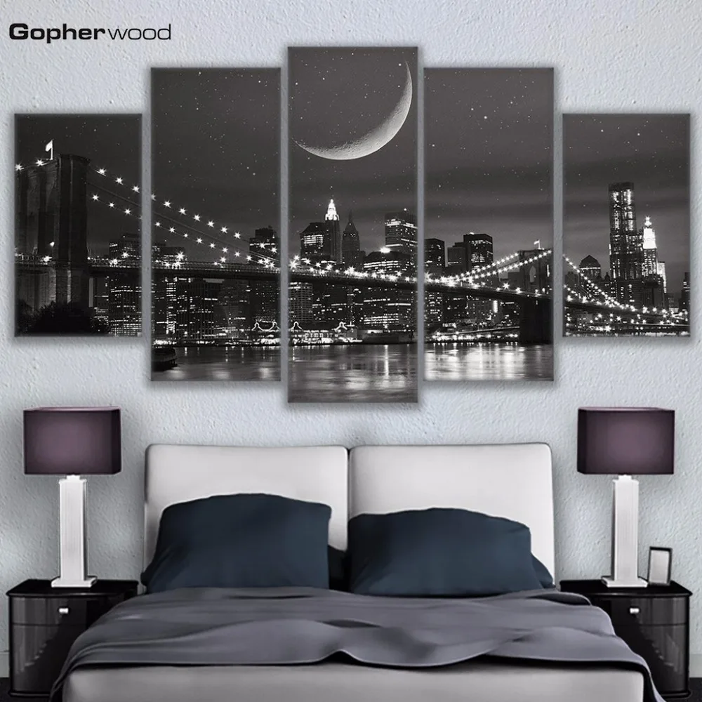 

Canvas Paintings Modular Wall Art Frame Home Decor 5 Pieces New York Moonscape Pictures HD Prints Brooklyn Bridge Poster art