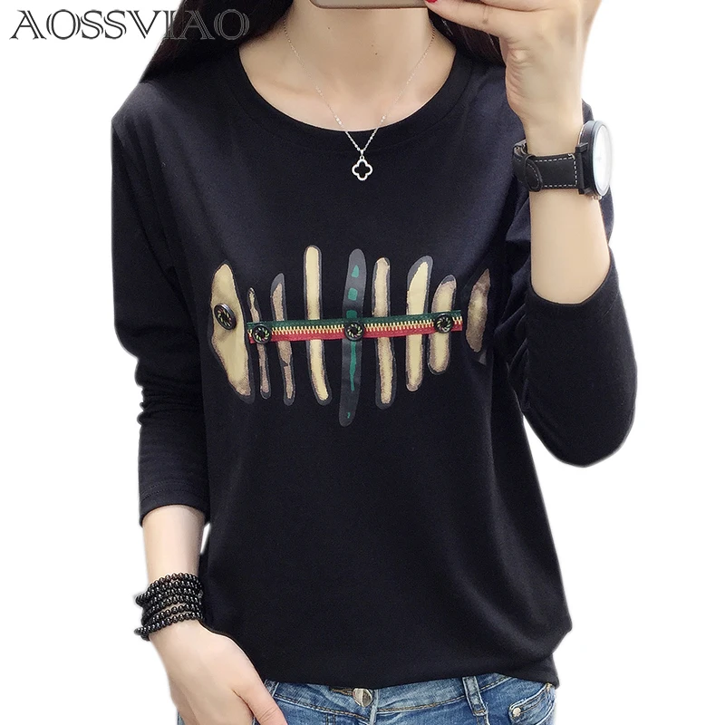 AOSSVIAO Print T Shirt Women T-Shirt Women Long Sleeve Casual Woman Tshirt Autumn And Winter Top Tee Shirt Femme Poleras Mujer Tops