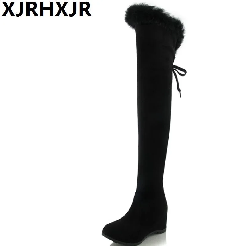 

XJRHXJR Size 33-43 Women Over-the-Knee Boots Fashion Fur Lace High Heel Boots Warm Winter Long Botas Snow Shoes Woman Footwear