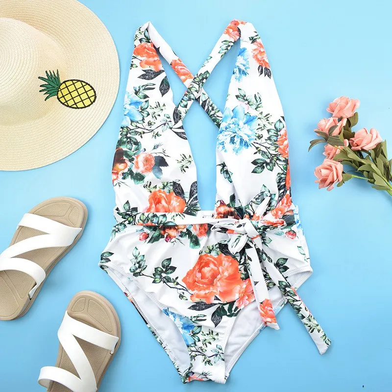 

JSY Deep V Neck Swimsuit Women Backless Cross Bandage Bikini Front Open Print Floral Swim Suits One Piece Bathing suits
