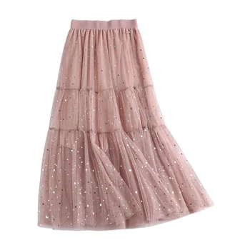

2019 New Spring Autumn Patchwork Women Skirts Korean Casual Loose Elastic Waist A-Line Midi Skirt Female Pleated Shinning Skirts