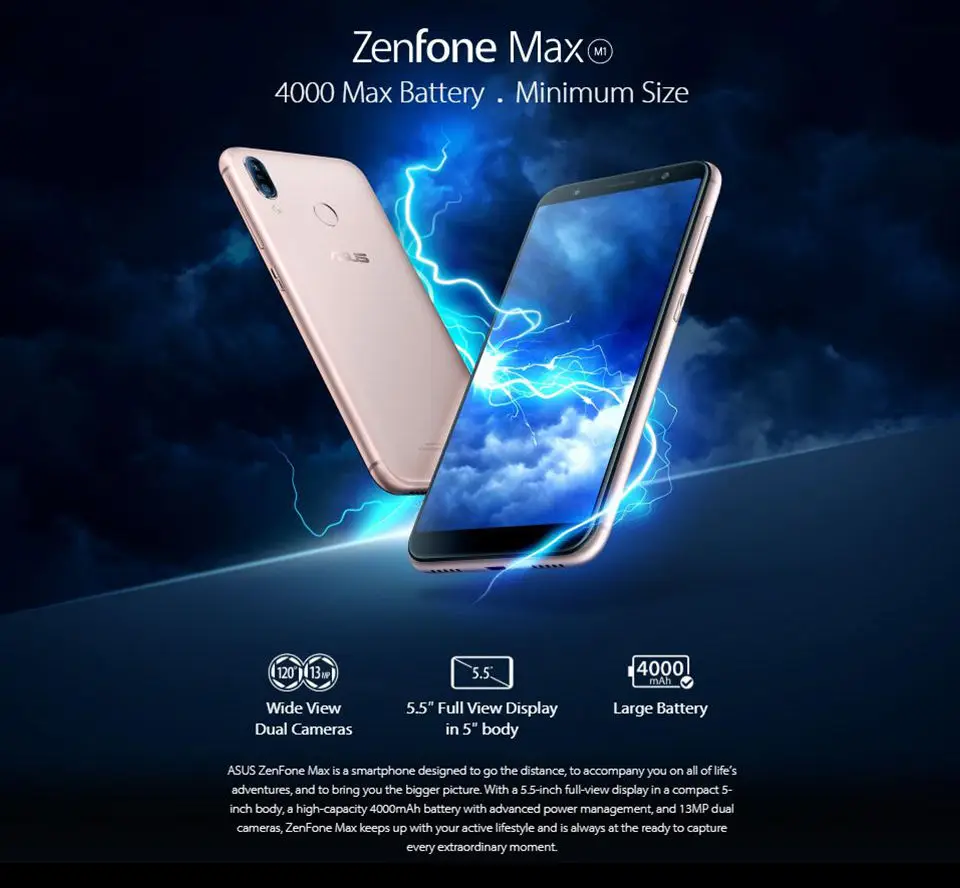 ASUS ZenFone Max M1 ZB555KL 4G LTE Смартфон Android 8,0 5,5 дюйма 4000 mAh Батарея двойной сзади Камера 13MP+ 8MP мобильного телефона