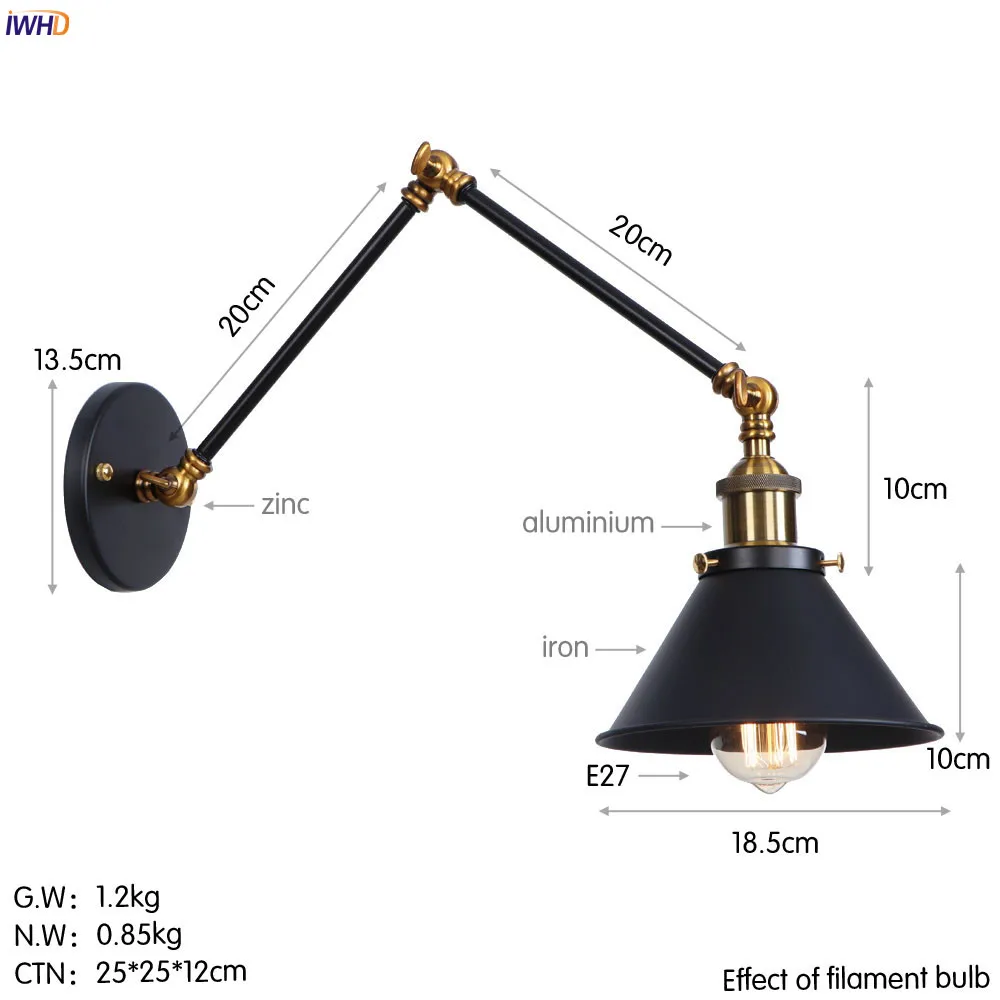 IWHD черный ретро светодиодный настенный светильник s светильники Wandlamp железные качели длинные руки винтажный настенный светильник бра Лофт стиль промышленный светильник