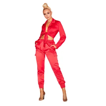 

Fashion 2019 Sexy Summer 2 Piece Set Stain Turndown Collar Crop Top And Pants Set Matching Sets Festival Women Tracksuits
