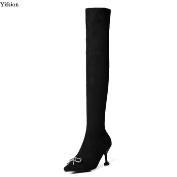 

Olomm New Women Winter Long Boots Sexy Thin High Heel Shoes Nice Pointed Toe Black Ladies Office Shoes Women Plus US Size 4-16