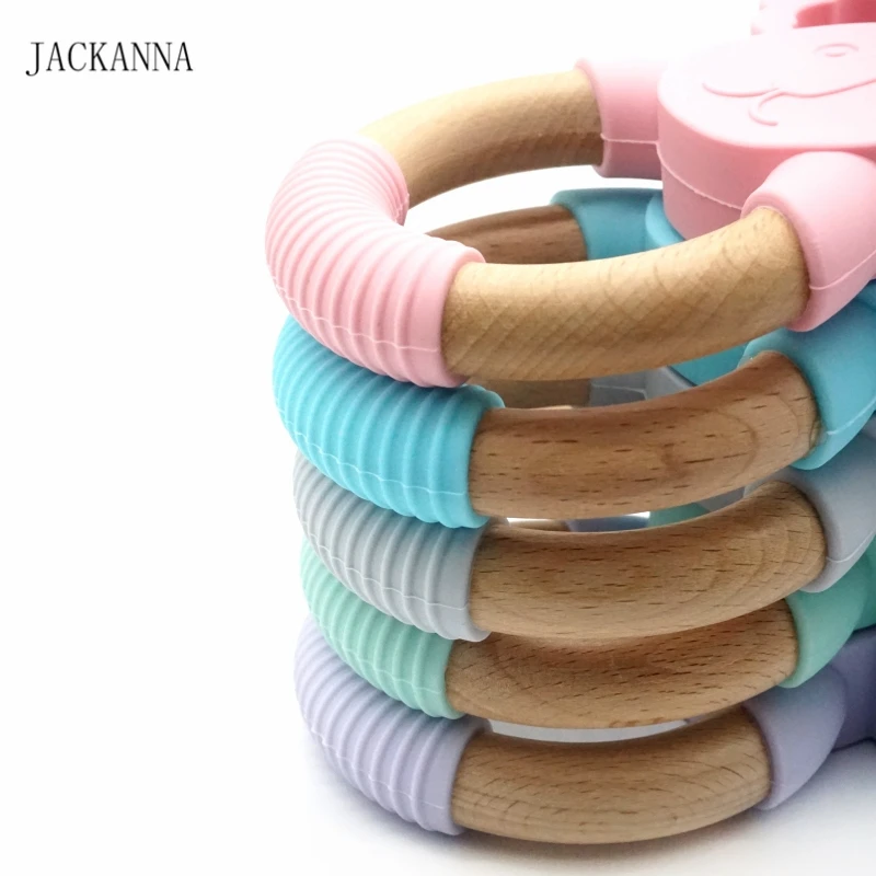 1PC Animal Shape Silicone Teether Wooden Ring Nursing Accessories Chewable Rattle Toy Circle Newborn Shower Gifts Baby Teether