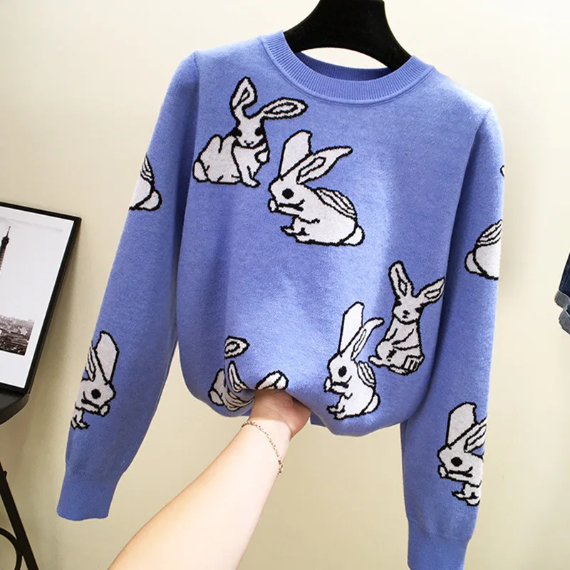 

Han edition of new fund of 2018 autumn winters is lovely rabbit jacquard sets loose long-sleeved sweater J525