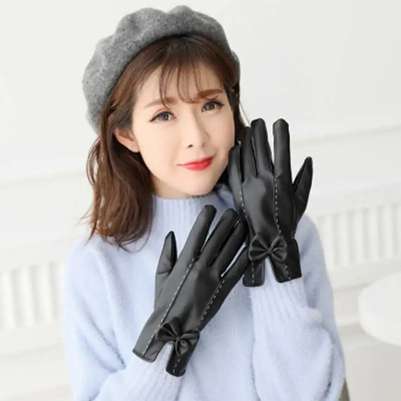Women Winter High Quality Thermal PU Leather Gloves Velvet Elegant