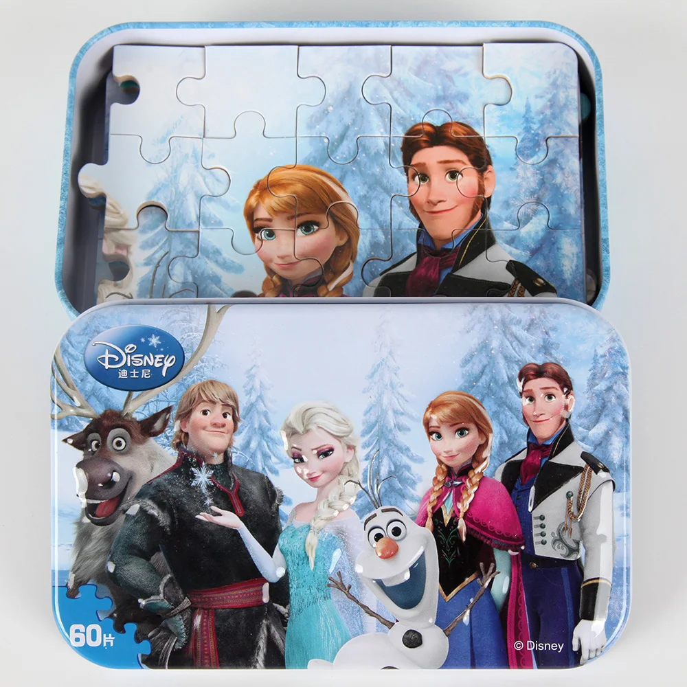 

60pcs Frozen Theme Wood Puzzle Jigsaw with Iron Box Princess Elsa Anna Jigsaw Board Kids Birthday Party Gift Toy Supplies
