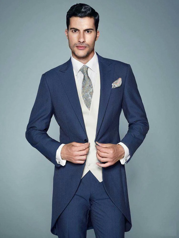 Темно-синие хвост пальто длинный мужской костюм для свадьбы костюм Для мужчин Блейзер классический приталенный смокинг 3 предмета костюм с