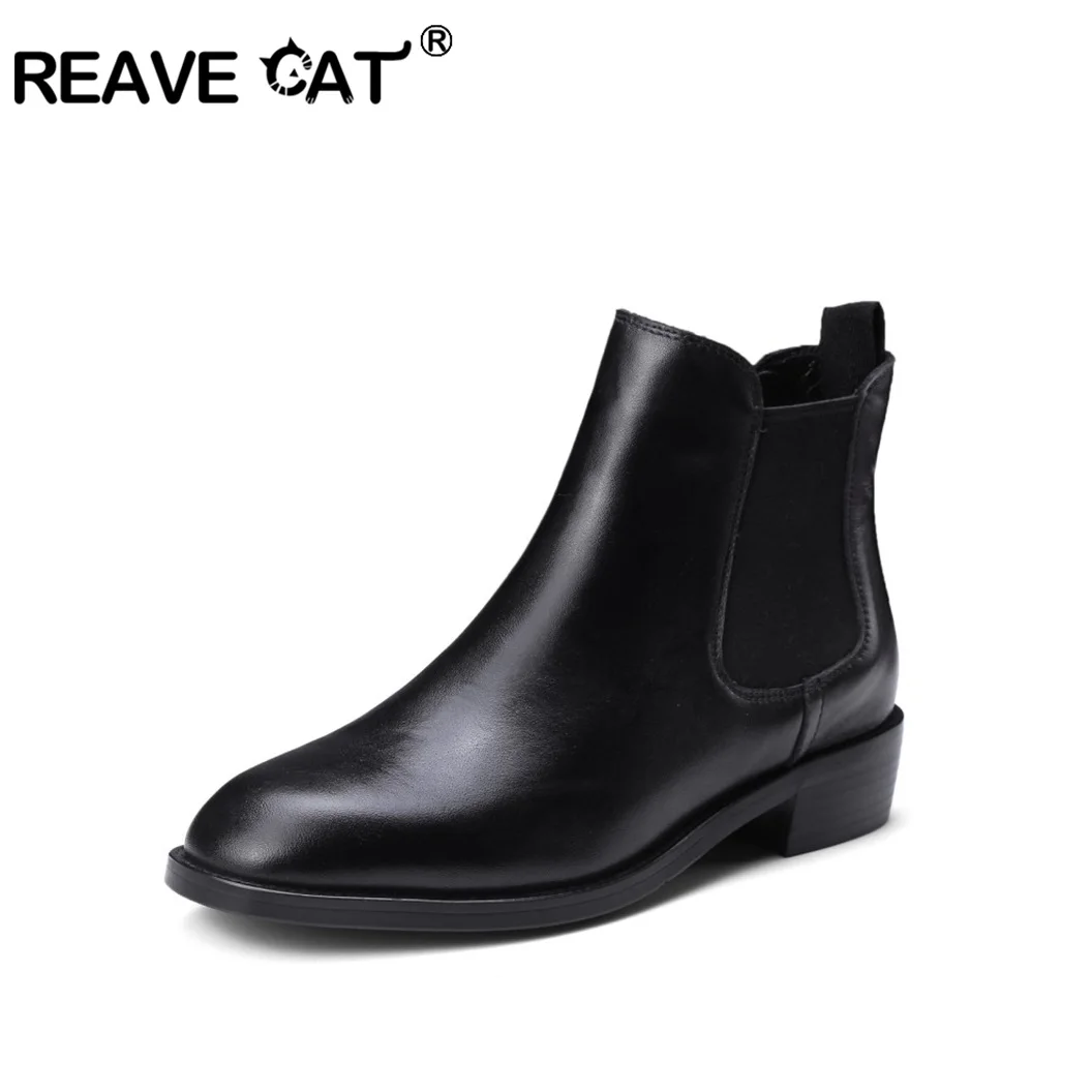 

REAVE CAT Genuine Leather Chelsea Boots Woman real Suede Autumn Winter Low heel ankle boots quality shoes Big size bottes femme