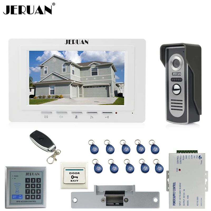 

JERUAN 7`` Video Door phone Intercom System kit 1 Monitor 700TVL IR Night Vision Camera RFID Access Control Electric Strike lock