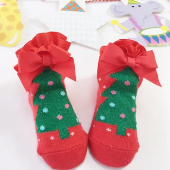 

Newborn Lace Christmas Baby Socks Winter Cotton Tree Europe and America Original Single Flower Child Socks Red Bowknot 0-12M